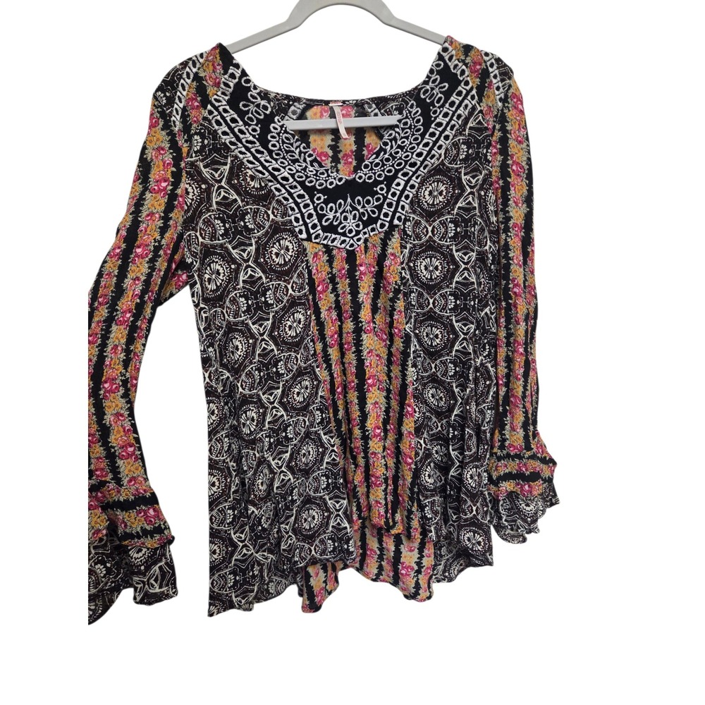Free People Mixed Print Boho Blouse Bell‎ Sleeve V Neck Tunic Top XS - Picture 2 of 6
